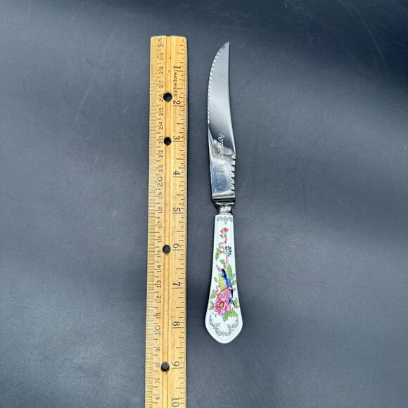 Vintage Aynsley Pembroke Fine Bone China Stainless Steel Steak Knives Bird Pink - Picture 7 of 11